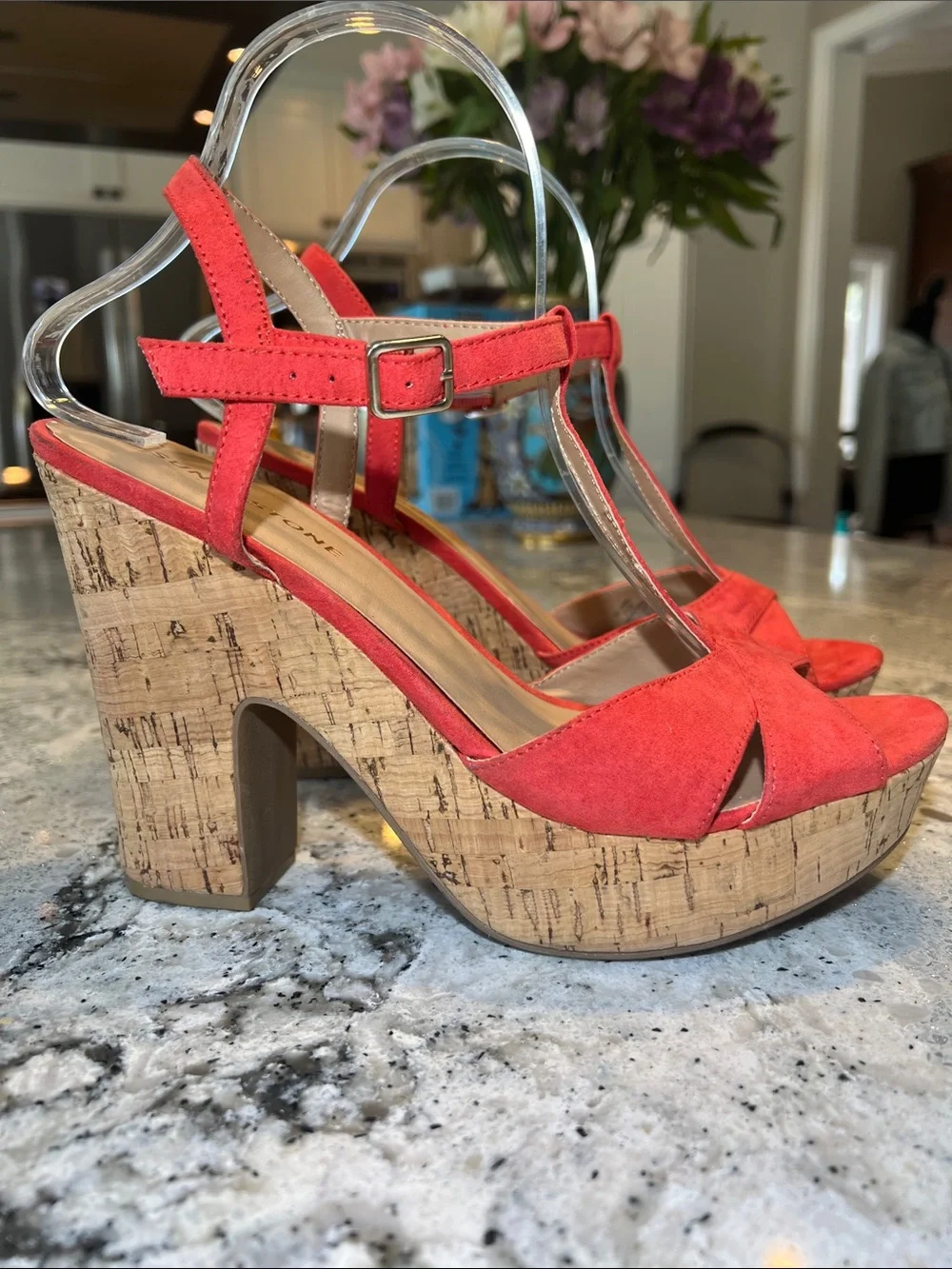 SUN + STONE Jamie T-Strap Platform Sandals Red Coral Cork Block Heel Size 9.5